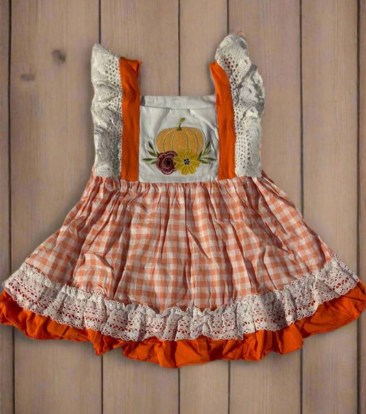 Plaid & Pumpkins Embroidered Dress (Cotton)